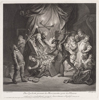 KG 12957
<br/>
Don Quichot ziet marionetten aan voor Moren.
<br/>
<em>Poilly, François (1671-1723)</em>